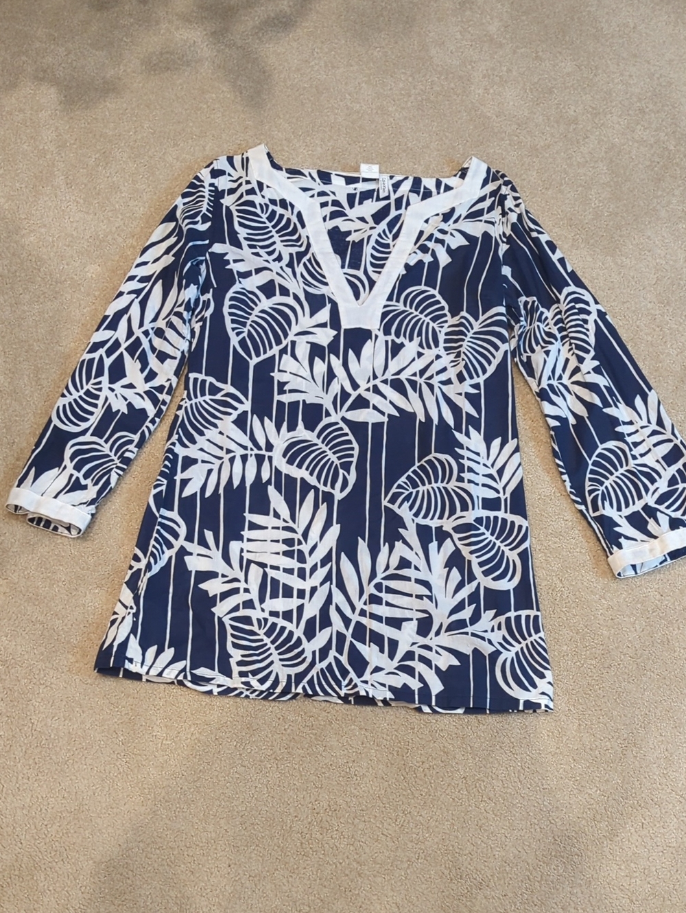 Calvin Klein Navy and White Leaf-Print V-Neck Tunic